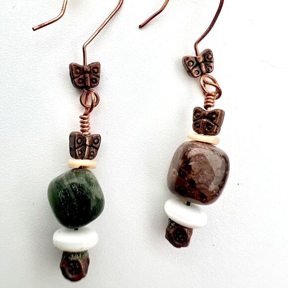 Handmade Jewelry - Handmade Copper Wire Green & Brown Beaded Butterfly Earrings
